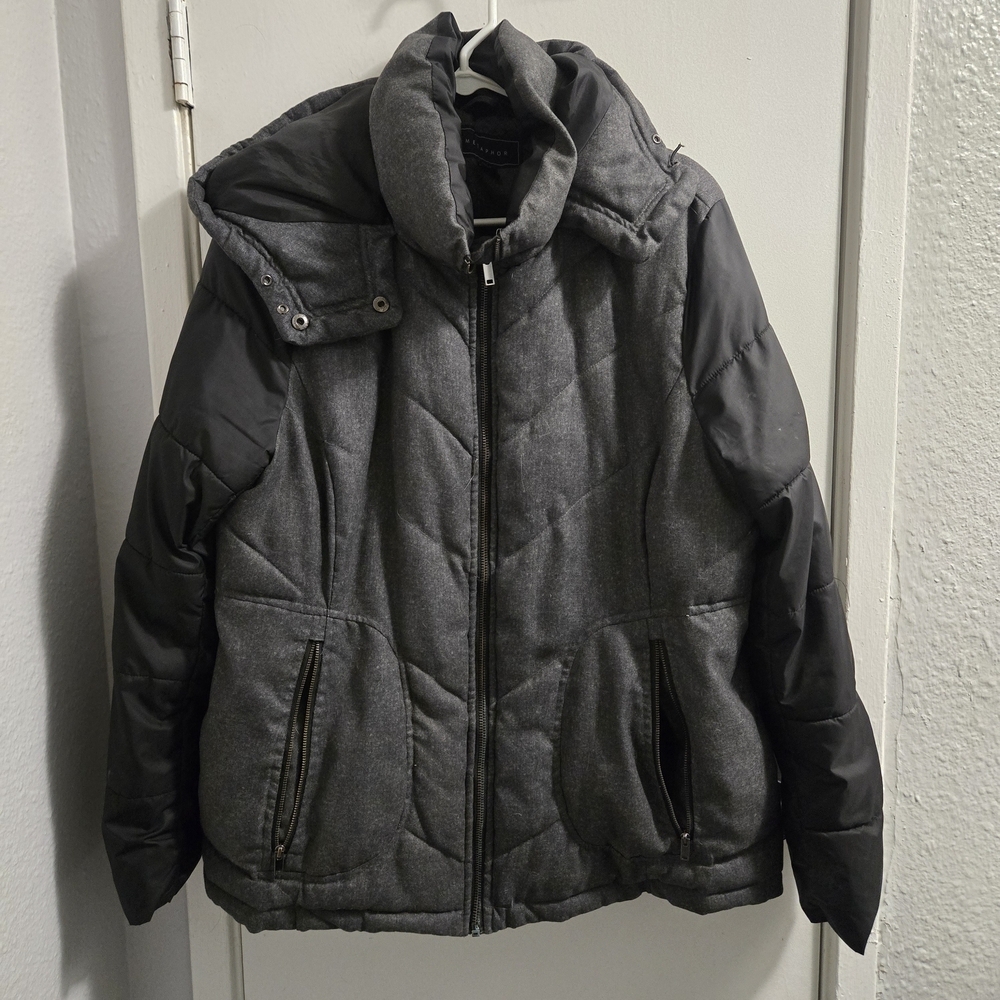 Metaphor Womens XL Puffer Jacket Gray Herringbone Mixed Media Quilted Hooded Par - Picture 2 of 9